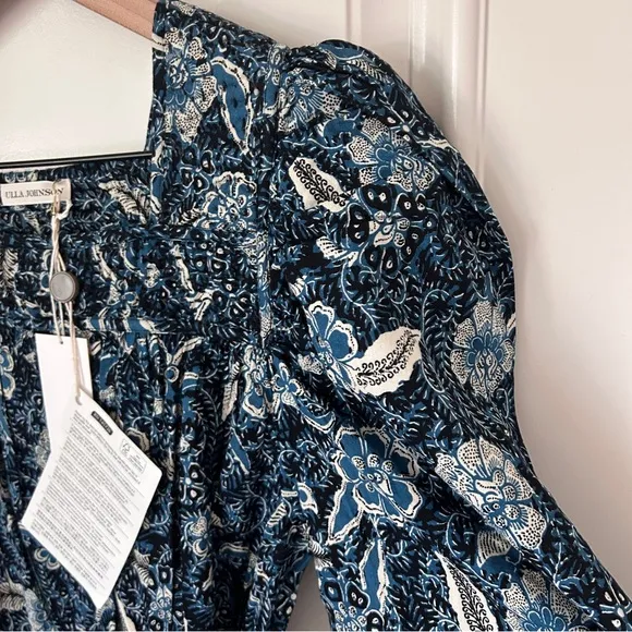 NWT Ulla Johnson Nailah Paisley Printed Puff Sleeve Blue Belted Mini Dress Sz 10