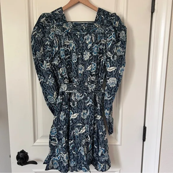 NWT Ulla Johnson Nailah Paisley Printed Puff Sleeve Blue Belted Mini Dress Sz 10