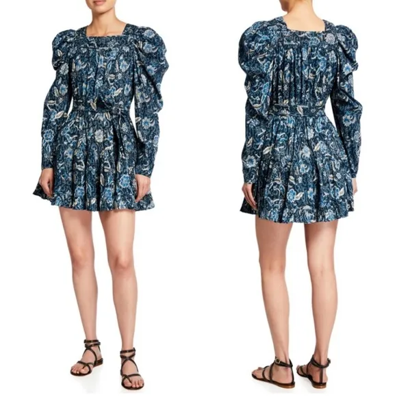 NWT Ulla Johnson Nailah Paisley Printed Puff Sleeve Blue Belted Mini Dress Sz 10