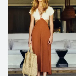NWT Vix Loop Midi Cut-Out ColorblockCamel Jersey Swimsuit Cover-Up Dress