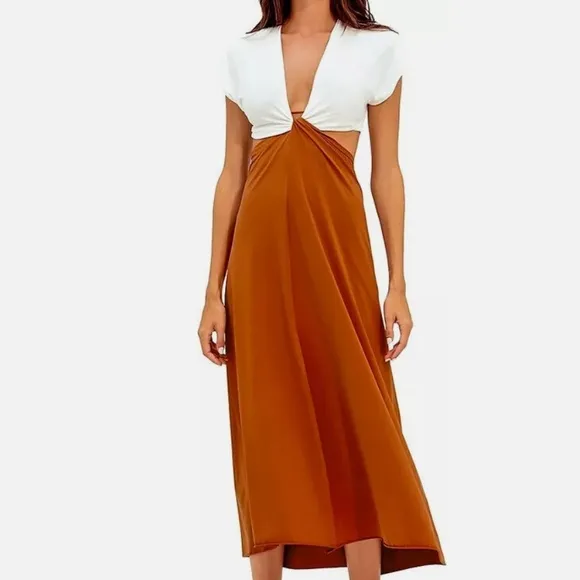 NWT Vix Loop Midi Cut-Out ColorblockCamel Jersey Swimsuit Cover-Up Dress