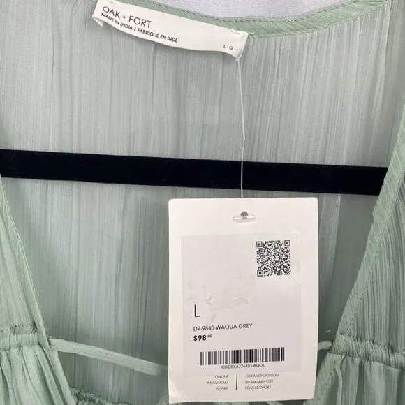 Oak   Fort NWT Boho Midi Dress - Aqua Grey - Bohemian Tie Tiered Dress - Size L