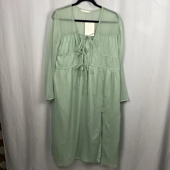 Oak   Fort NWT Boho Midi Dress - Aqua Grey - Bohemian Tie Tiered Dress - Size L