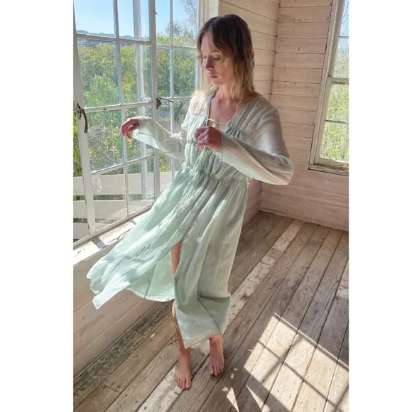 Oak   Fort NWT Boho Midi Dress - Aqua Grey - Bohemian Tie Tiered Dress - Size L