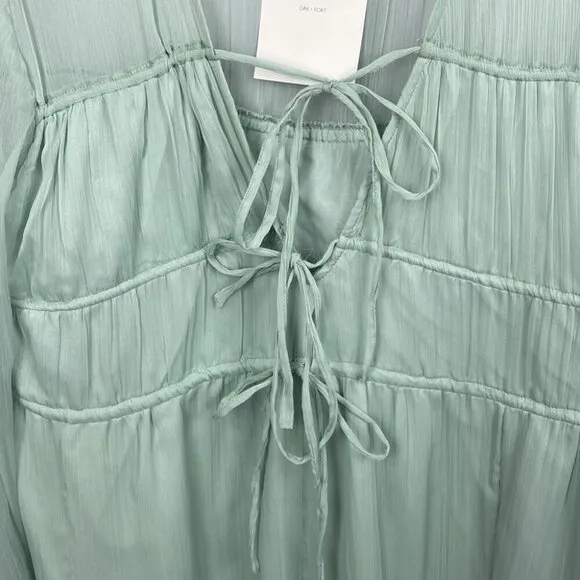 Oak   Fort NWT Boho Midi Dress - Aqua Grey - Bohemian Tie Tiered Dress - Size L
