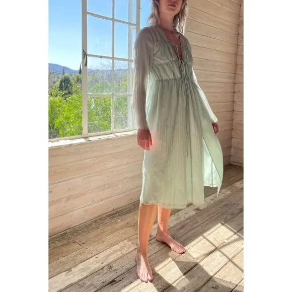 Oak   Fort NWT Boho Midi Dress - Aqua Grey - Bohemian Tie Tiered Dress - Size L