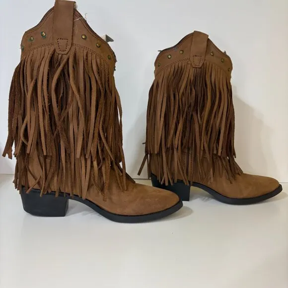 Old West Fringe Cowboy Boots Size 3.5 Brown Coastal Cowgirl Boots Leather Nubuck