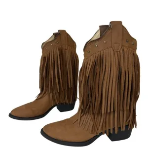 Old West Fringe Cowboy Boots Size 3.5 Brown Coastal Cowgirl Boots Leather Nubuck