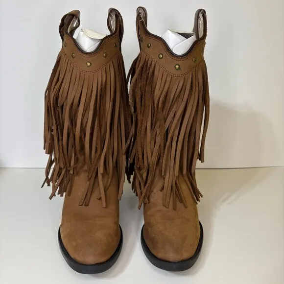 Old West Fringe Cowboy Boots Size 3.5 Brown Coastal Cowgirl Boots Leather Nubuck