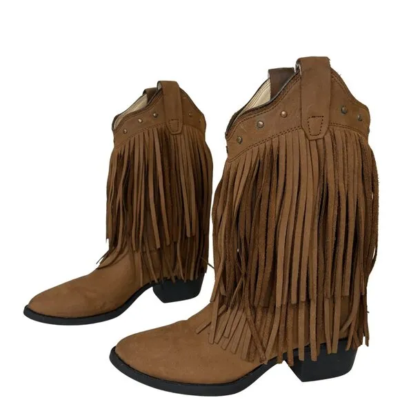 Old West Fringe Cowboy Boots Size 3.5 Brown Coastal Cowgirl Boots Leather Nubuck