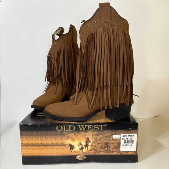 Old West Fringe Cowboy Boots Size 3.5 Brown Coastal Cowgirl Boots Leather Nubuck