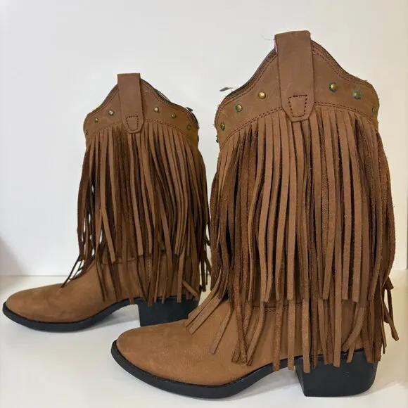 Old West Fringe Cowboy Boots Size 3.5 Brown Coastal Cowgirl Boots Leather Nubuck