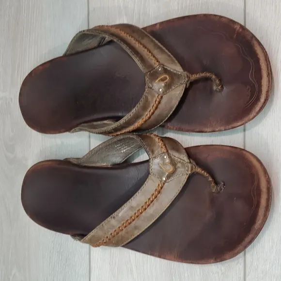 Olukai Mens Leather Thong Sandals Flats shoes sz 11