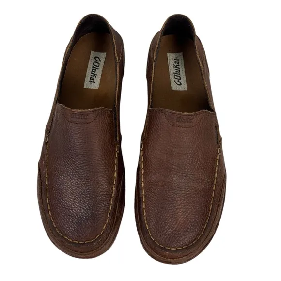 OLUKAI Puhalu Leather Shoes US 9.5 Loafers Slipper EUR 42 Brown Mens Casual