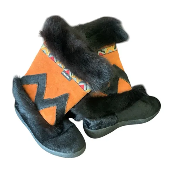 Oscar Sport Size 41 Orange &amp; Black Suede Fur Lined Winter Western Aztec Boots