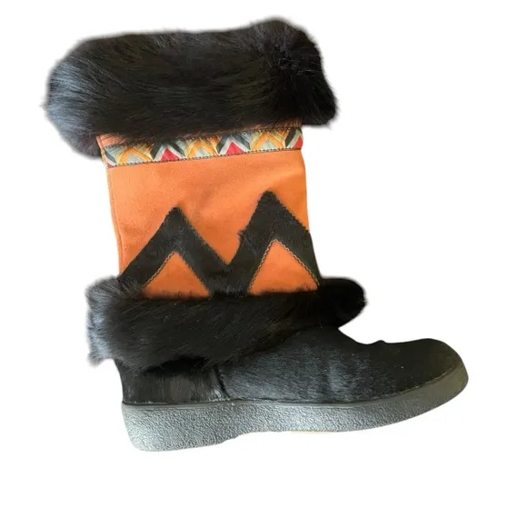 Oscar Sport Size 41 Orange &amp; Black Suede Fur Lined Winter Western Aztec Boots