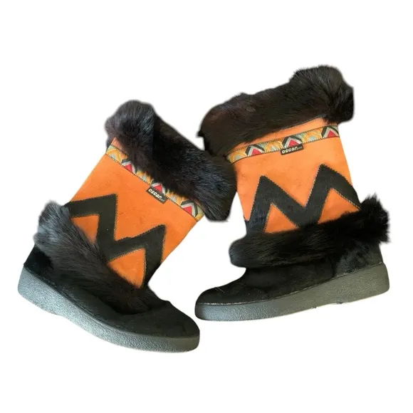 Oscar Sport Size 41 Orange &amp; Black Suede Fur Lined Winter Western Aztec Boots