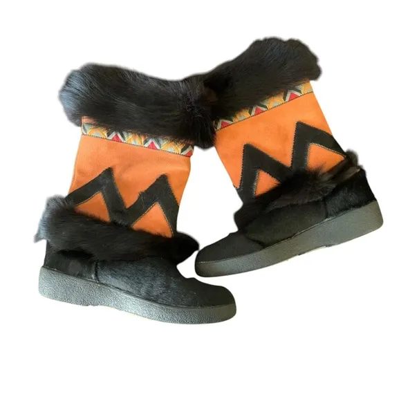 Oscar Sport Size 41 Orange &amp; Black Suede Fur Lined Winter Western Aztec Boots