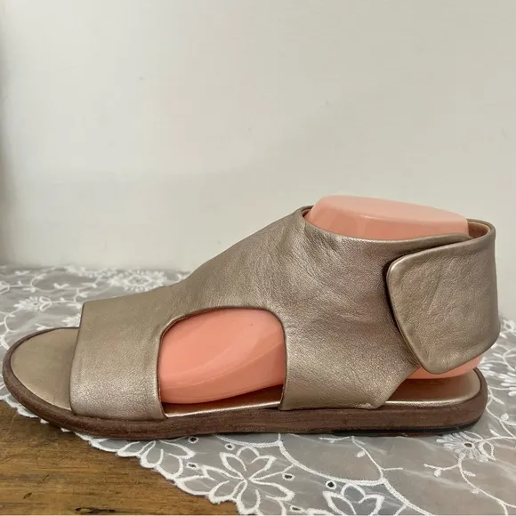 P. Monjo Pewter Leather Sandals Velcro Ankle Strap