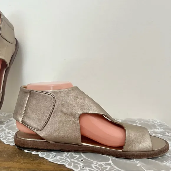 P. Monjo Pewter Leather Sandals Velcro Ankle Strap