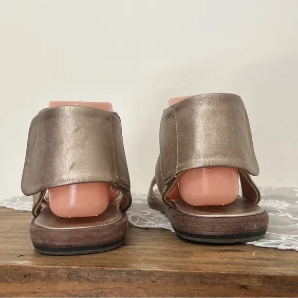 P. Monjo Pewter Leather Sandals Velcro Ankle Strap