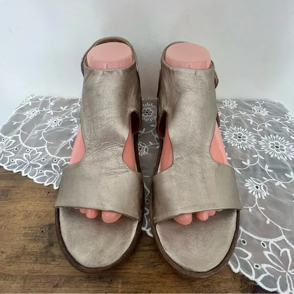 P. Monjo Pewter Leather Sandals Velcro Ankle Strap