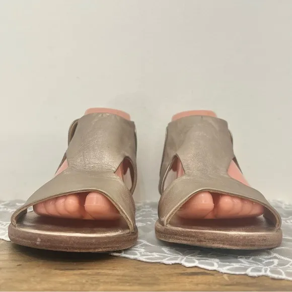 P. Monjo Pewter Leather Sandals Velcro Ankle Strap