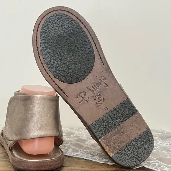 P. Monjo Pewter Leather Sandals Velcro Ankle Strap