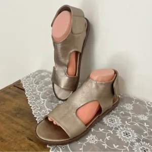 P. Monjo Pewter Leather Sandals Velcro Ankle Strap