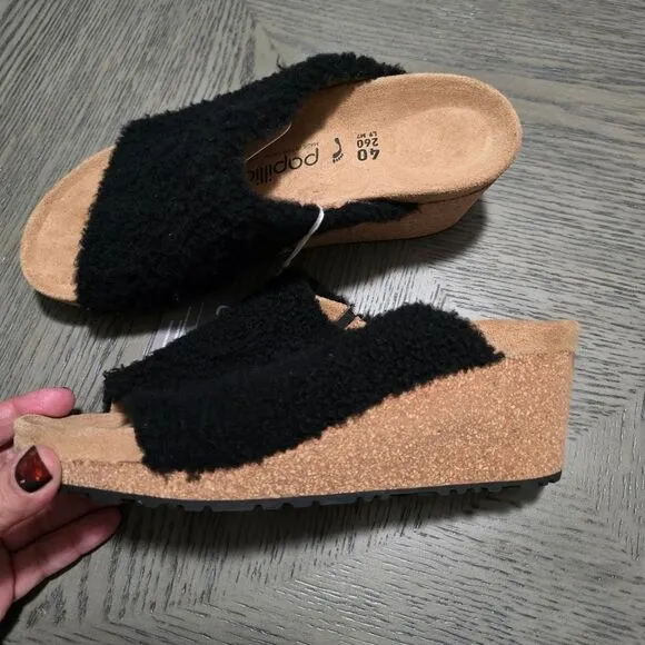 Papilio Birkenstock Namica Teddy Shearling Slip on Sandals In Black Size 9