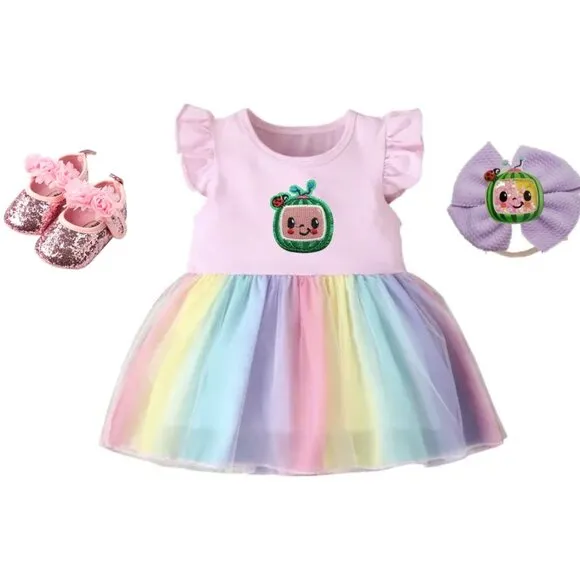 Pastel Cocomelon Rainbow Pink Dress Clothes Outfit First Birthday Clothes Shoes