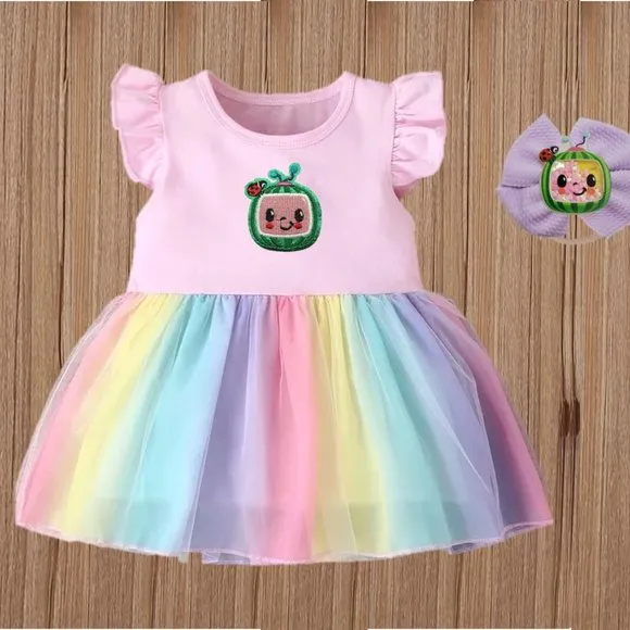 Pastel Cocomelon Rainbow Pink Dress Clothes Outfit First Birthday Clothes