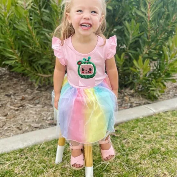 Pastel Cocomelon Rainbow Pink Dress Clothes Outfit First Birthday Clothes