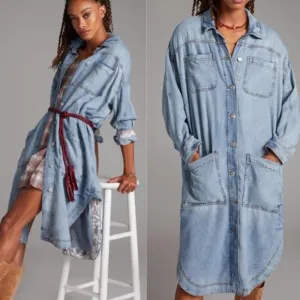PILCRO women’s distressed Draped Denim Oversized Duster Jacket Button-Up