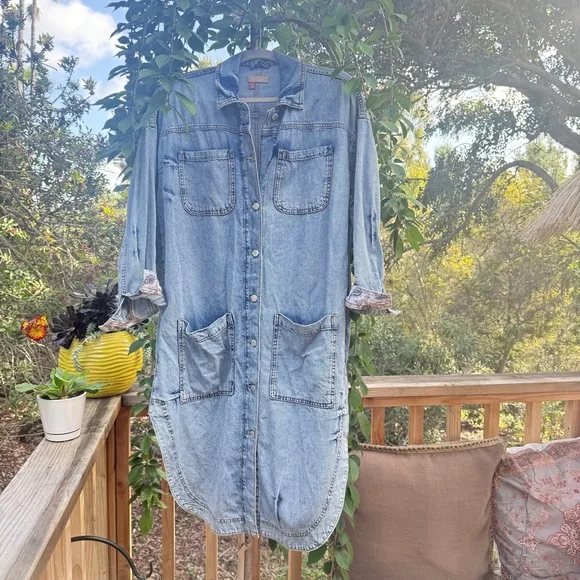 PILCRO women’s distressed Draped Denim Oversized Duster Jacket Button-Up