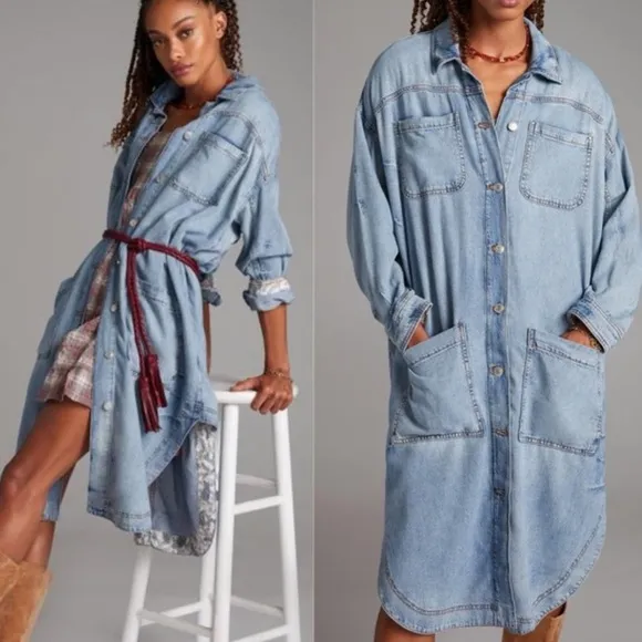 PILCRO women’s distressed Draped Denim Oversized Duster Jacket Button-Up