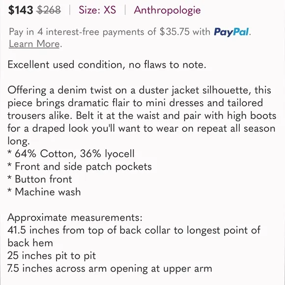 PILCRO women’s distressed Draped Denim Oversized Duster Jacket Button-Up