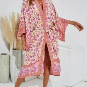 Pink Bloom Floral Blossom Cotton Kimono Robe