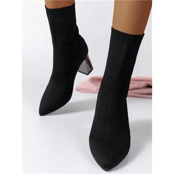 Plus Size Stretchy Boots, 2024 Fall/Winter Knitted Elastic Chunky Heel