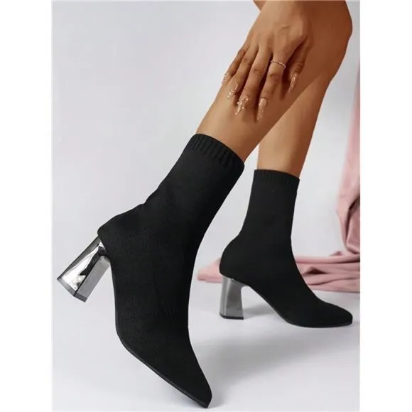 Plus Size Stretchy Boots, 2024 Fall/Winter Knitted Elastic Chunky Heel