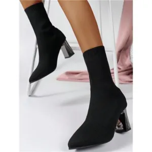 Plus Size Stretchy Boots, 2024 Fall/Winter Knitted Elastic Chunky Heel