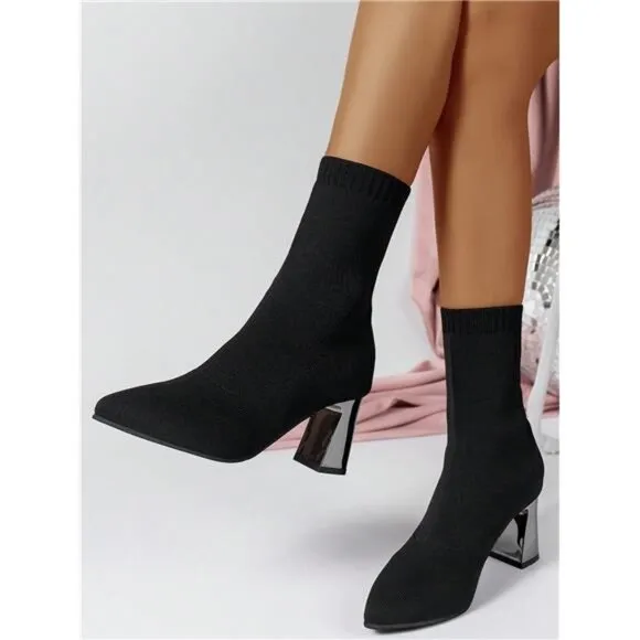 Plus Size Stretchy Boots, 2024 Fall/Winter Knitted Elastic Chunky Heel