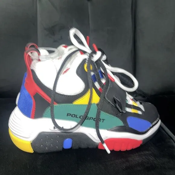 Polo Ralph Lauren Sport PS100 High Top Shoes Black Multicolor Sneakers Boys Sz 4