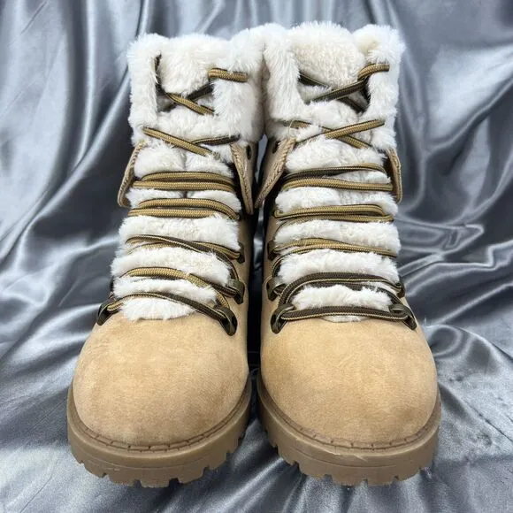Pop Women's Boots Sz 9.5 Kraft Faux Fur Tan Kraft Hiking Block Heel Lace Up Soft