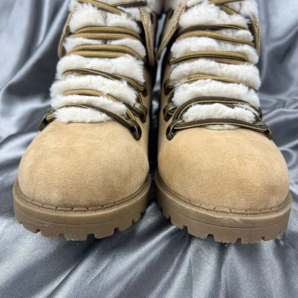 Pop Women's Boots Sz 9.5 Kraft Faux Fur Tan Kraft Hiking Block Heel Lace Up Soft