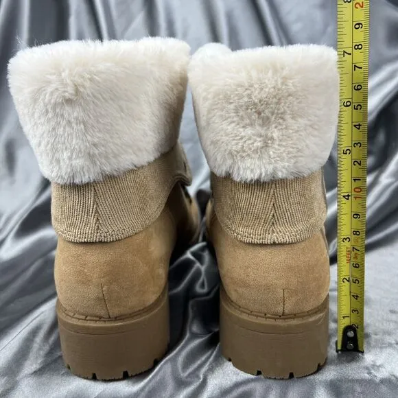 Pop Women's Boots Sz 9.5 Kraft Faux Fur Tan Kraft Hiking Block Heel Lace Up Soft