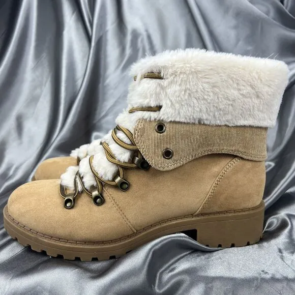 Pop Women's Boots Sz 9.5 Kraft Faux Fur Tan Kraft Hiking Block Heel Lace Up Soft