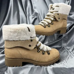 Pop Women's Boots Sz 9.5 Kraft Faux Fur Tan Kraft Hiking Block Heel Lace Up Soft