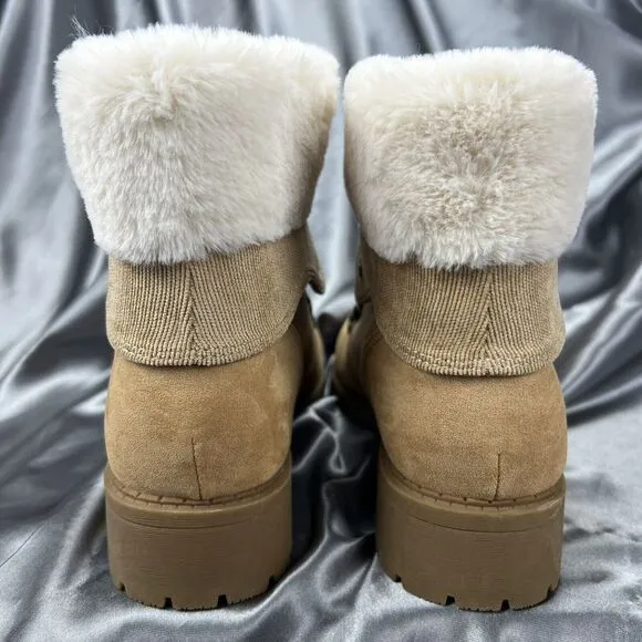 Pop Women's Boots Sz 9.5 Kraft Faux Fur Tan Kraft Hiking Block Heel Lace Up Soft