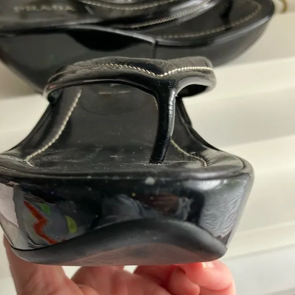 Prada Black Wedge Sandals with Thong Strap